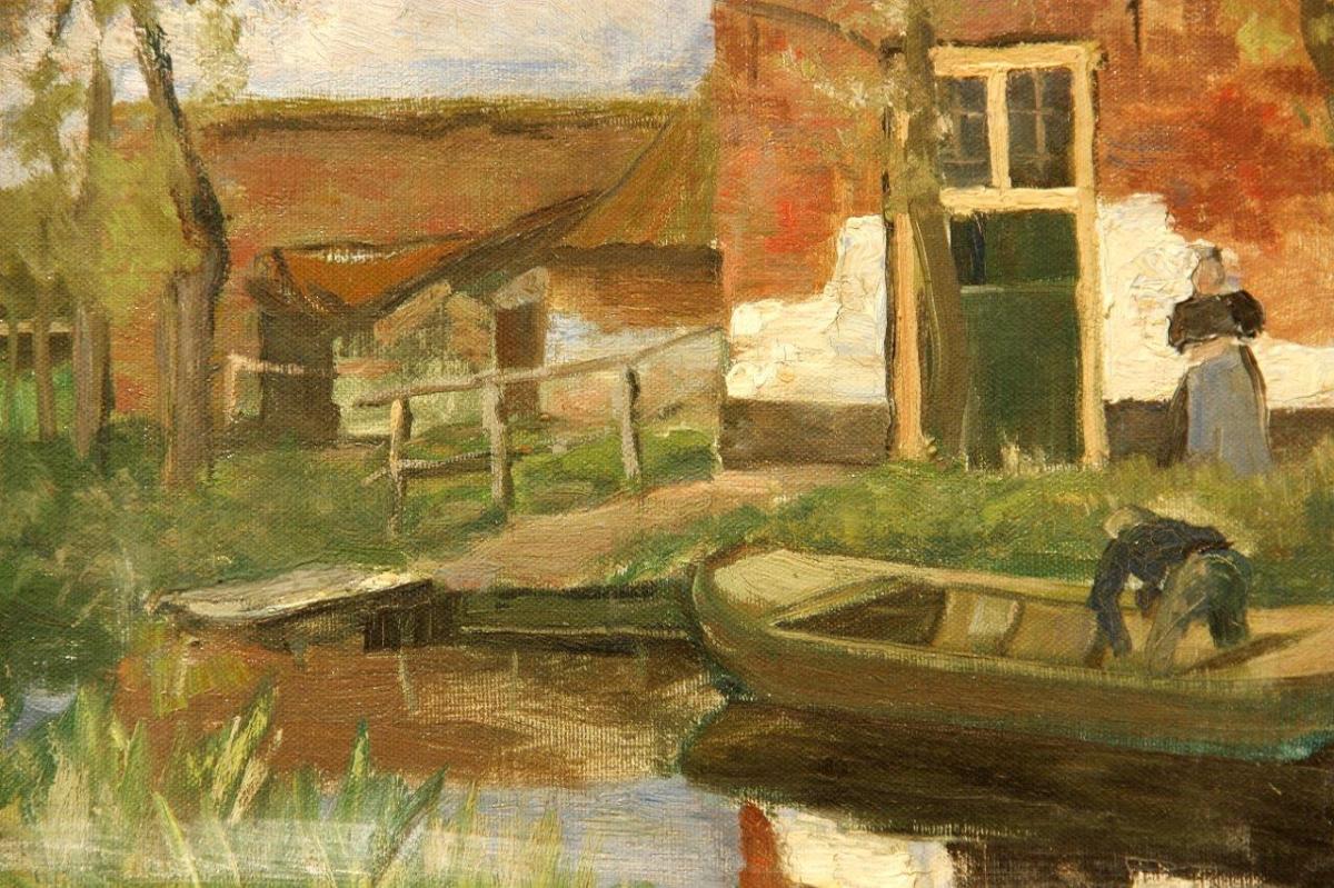 Bauernhof am Kanal mit kleinem Boot (1900-01)