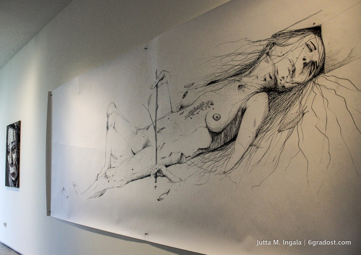 Grafit auf Papier - mit Nägeln an die Wand geheftet